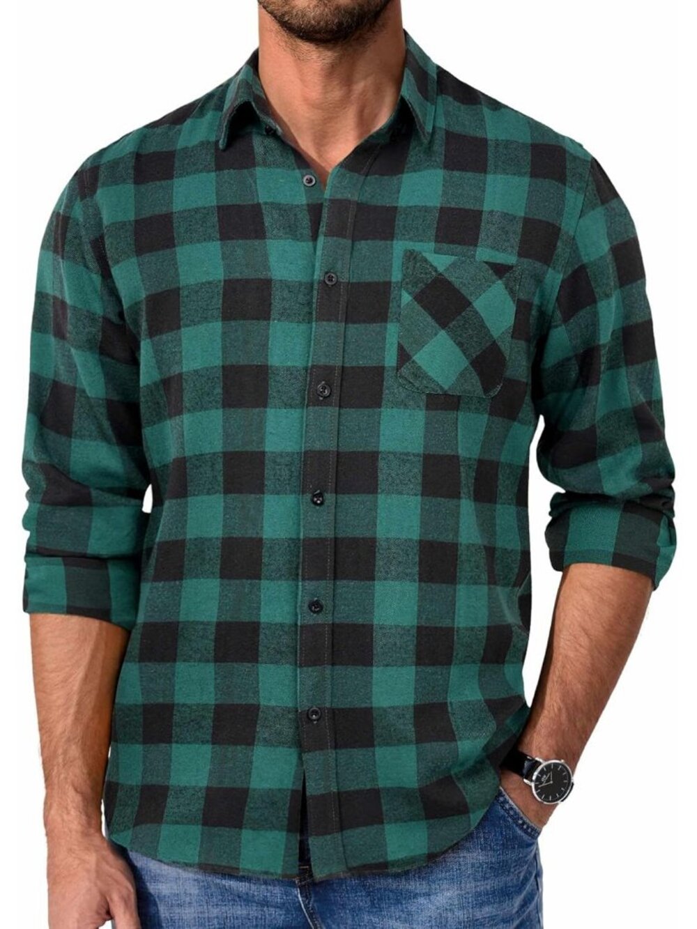 Men's Green Black Polyester Blend Long Sleeve Casual Flannel Button Down Shirt